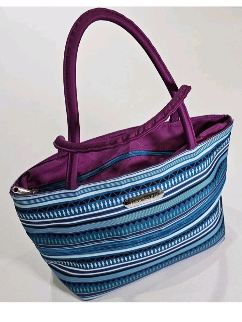 Tupperware Blue Teal Geometric Insulated Tote Bag Purple Handles